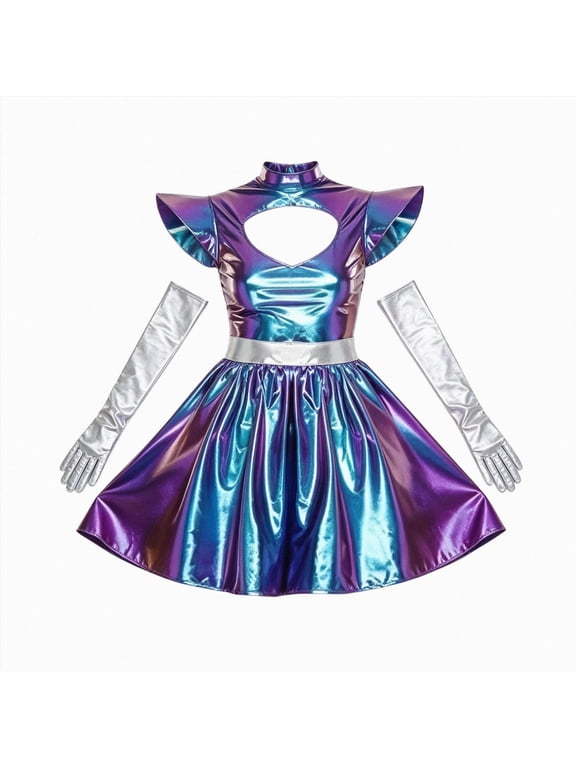 Family Matching Outfits Alien Dress up Shiny Dress with Gloves Halloween Alien Outfits Stage Performance Dancewear Party 7-9 Years