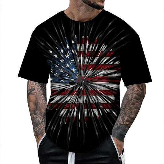 mgoYE Fireworks Theme Independence Tee Mens American Flag Shirt USA Air Force Tshirts Patriotic 4th of July T-Shirt Memorial Day Tee Tops Grey-S