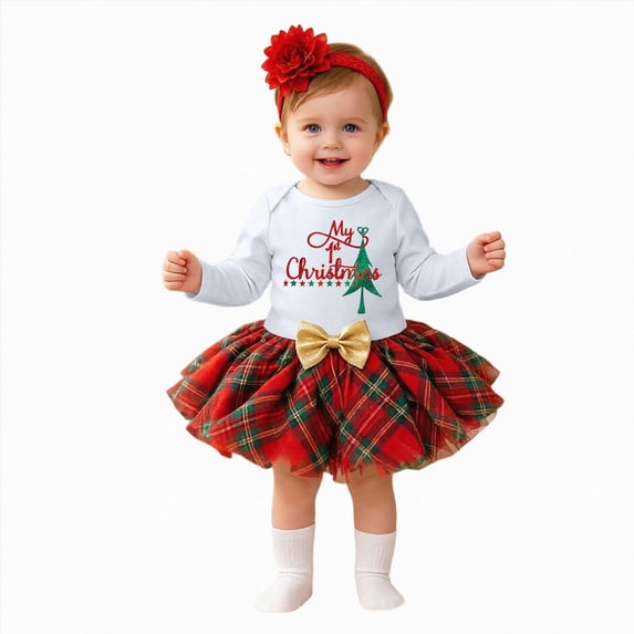 mgoYE My First Christmas Baby Girl Outfit Newborn Infant Girl Clothes Set Long Sleeve Bodysuit Romper Ruffle Skirt Dress Fall Winter Holiday Clothes Set 3-6 Months