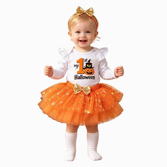 mgoYE My First Halloween Outfit for Baby Girl 3 6 9 12 Month Pumpkin Bodysuit and Tutu Skirt with Bow Headband Clothes 3 Pcs Set(Rose Gold,1-3 Months)