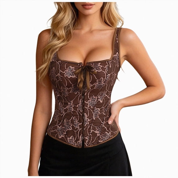 mgoYE Floral Embroidery Corset Tops for Women Vintage Backless Lace Up Crop Tank Top Sleeveless Halloween|Coffee M