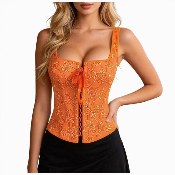 mgoYE Floral Embroidery Corset Tops for Women Vintage Backless Lace Up Crop Tank Top Sleeveless Halloween|Orange M