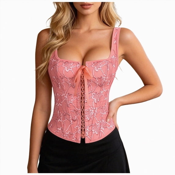 mgoYE Floral Embroidery Corset Tops for Women Vintage Backless Lace Up Crop Tank Top Sleeveless Halloween|Pink XL