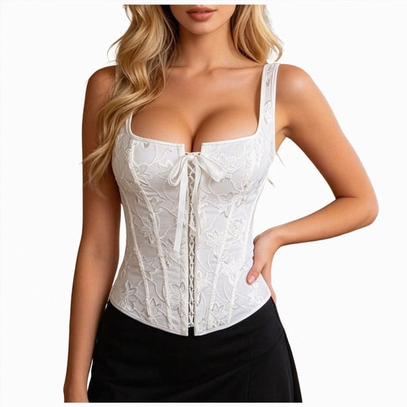 mgoYE Floral Embroidery Corset Tops for Women Vintage Backless Lace Up Crop Tank Top Sleeveless Halloween|White L
