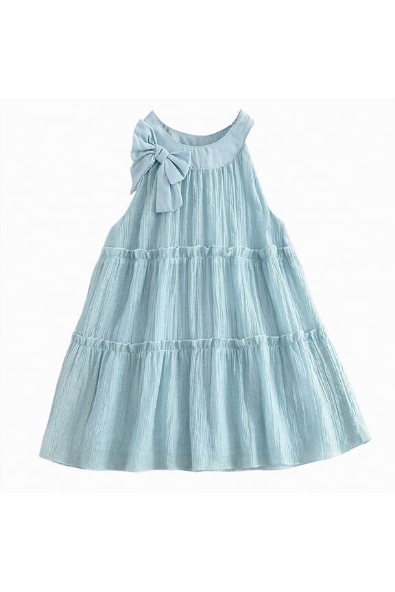 Flower Girl Dress Toddler Girl Summer Dress Little Girls Casual Beach Party Bowknot Sling Sundress(Light Blue,6-7 Years)