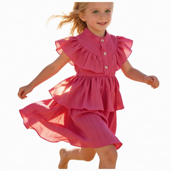 mgoYE Flower Girl Dress Toddler Girls' Dresses Kid Little Girls Summer Outfit Tiered Ruffle Sleeve Swing Casual A-Line Beach Dresses(Hot Pink,3-4 Years)