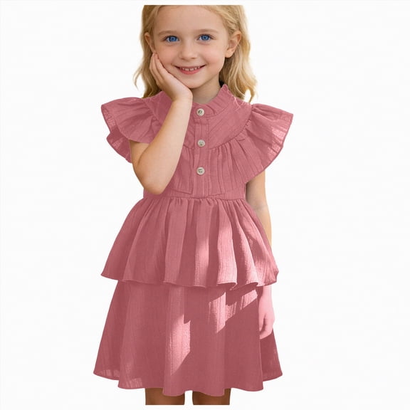 mgoYE Flower Girl Dress Toddler Girls' Dresses Kid Little Girls Summer Outfit Tiered Ruffle Sleeve Swing Casual A-Line Beach Dresses(Pink,5-6 Years)