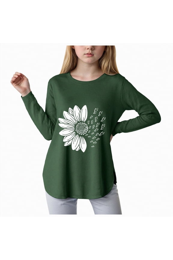 Flower Girl T Shirt 5t Girls Long Sleeve Shirts Floral Shirt Kids Crewneck Soft Tunic Tops Curve Hem Side Slit T-Shirts(Green,9-10 Years)