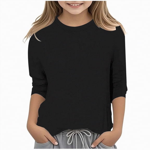 mgoYE Flower Girl T Shirt 5t Girls Shirts 3/4 Sleeve Spring Crew Neck Tops Going Out Lightweight Girls Blouses Summer Clothes(Black,8-9 Years)