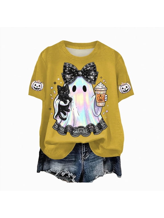 Funny Halloween Shirts for Women Cute Ghost with Pumpkin Coffee Cartoon Graphic Blouse Casual Halloween Tops Tee Women's T-Shirt XL