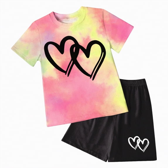 mgoYE Girl Clothes Size 8-10 Girls Clothes Summer Short Sleeves & Heart Shorts Kids 2PCS Outfits Teen Girls' Clothing Sets(Hot Pink,9-10 Years)