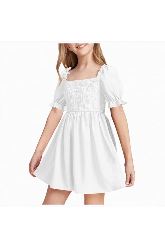 Girl Dresses size 7-8 Girls Kids Summer Ruffle Mini Dress Square Neck Lantern Sleeve Short Sleeve Dress Tulle Smocked(White,9-10 Years)