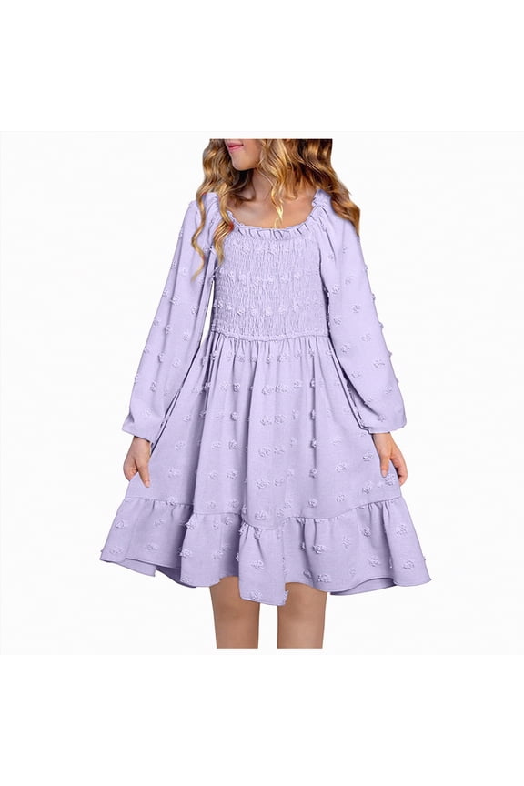 Girl Dresses size 7-8 Girls Long Sleeve Dress Dot Square Neck Smocked Spring Fall Dresses(Purple,7-8 Years)