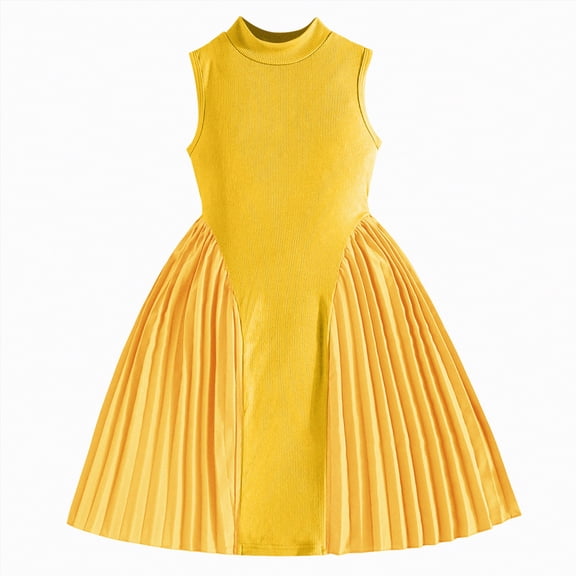 mgoYE Girl Dresses size 7-8 Toddler Girls Stand Collar Sleeveless Dress Solid Patchwork Dresses Summer Casual Flowy Dress 2-7(Yellow,4-5 Years)