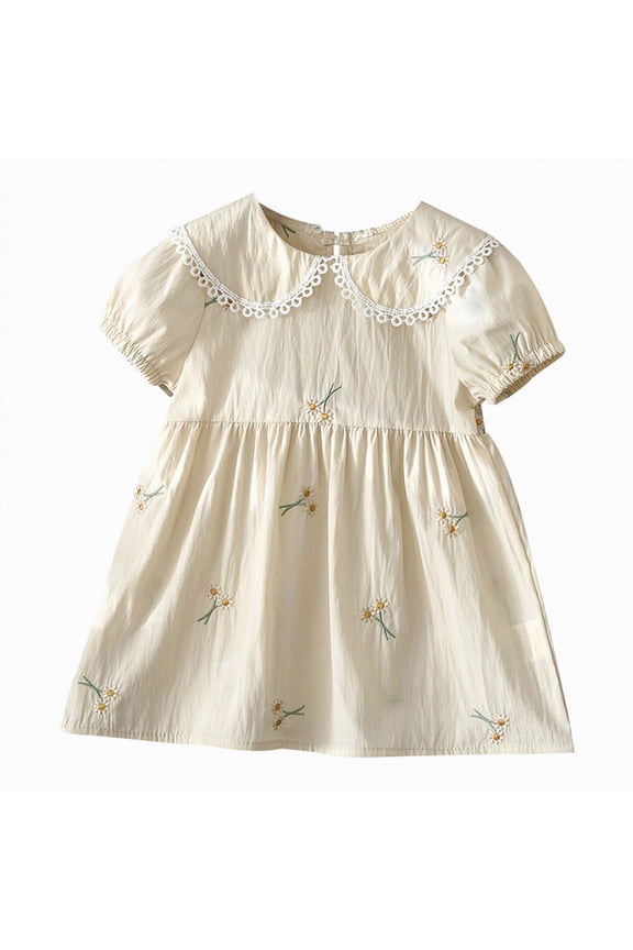 Girl Easter Dress Baby Girl Clothes Cute Spring Summer Sun Dresses Toddler Casual Puff Sleeve Floral Dress Girls Summer Outfits(Beige,6-9 Months)