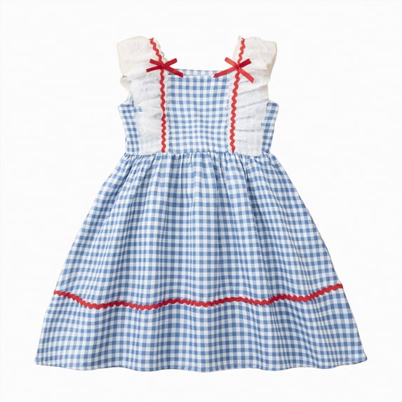 mgoYE Girl Easter Dress Toddler Dress Girls Summer Outfits Plaid Kids Princess Ruffle Sleeveless Floral Boho Dresses Casual Beach Sundress(Blue,5-6 Years)