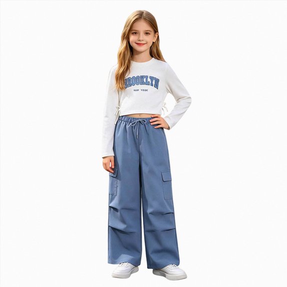 mgoYE Girl Fall Clothes Linen Outfit Bows Ruffled Shirts + Pant Set Princess Outfit Long 8 9 10 11 12 Years Size 11-12 Years