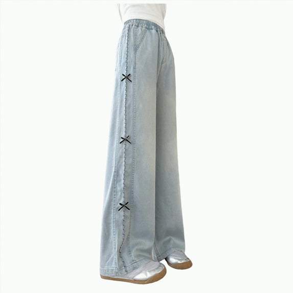 mgoYE Girl Jeans Size 14-16 Girls Wide Leg Jeans Elastic Waist Denim Pants Baggy Jeans for Girls Baggy Jeans for Girls|Blue 7-8 Years