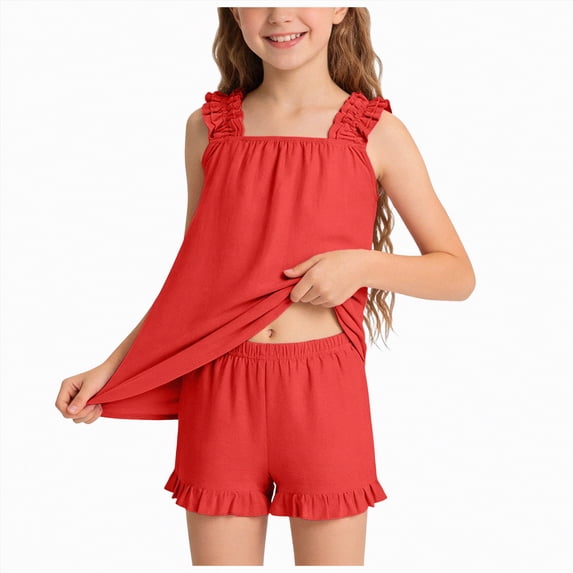 mgoYE Girl Outfits Size 10-12 Girls Summer Clothes Girl Outfits Print Ruffle Sleeveless Top + Casual Short 2 Piece Cute Clothing Set(Red,13-14 Years)
