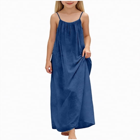 mgoYE Girl Summer Casual Maxi Dresses 2026 Solid Backless Sleeveless Spaghetti Strap Loose Travel Beach Vacation Sundress(Navy,7-8 Years)