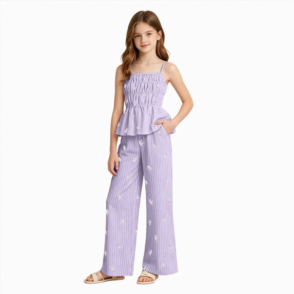 mgoYE Girl Summer Clothes Linen Outfit Bows Ruffled Shirts + Pant Set Princess Outfit Short 8 9 10 11 12 Years Size 7-8 Years