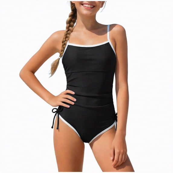 mgoYE Girl Swimsuits Size 7-8 Two Piece Girls Swimsuit One Piece Modest Girls Bathing Suit Solid Square Neck Ruched Adjustable Straps Padded Swimwear(Black,15-16 Years)