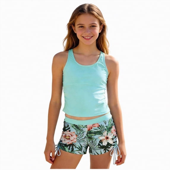 mgoYE Girl Swimsuits Size 7-8 Two Piece Girls Swimsuits Two Piece Bathing Suits Ruffle Girls Tankini(Mint Green,13-14 Years)