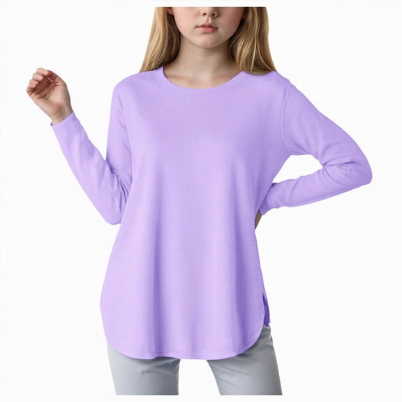 mgoYE Girl T-Shirts Size 7-8 Girls Long Sleeve Shirts Kids Crewneck Soft Tunic Tops Curve Hem Side Slit T-Shirts 4-11t(Purple,6-7 Years)