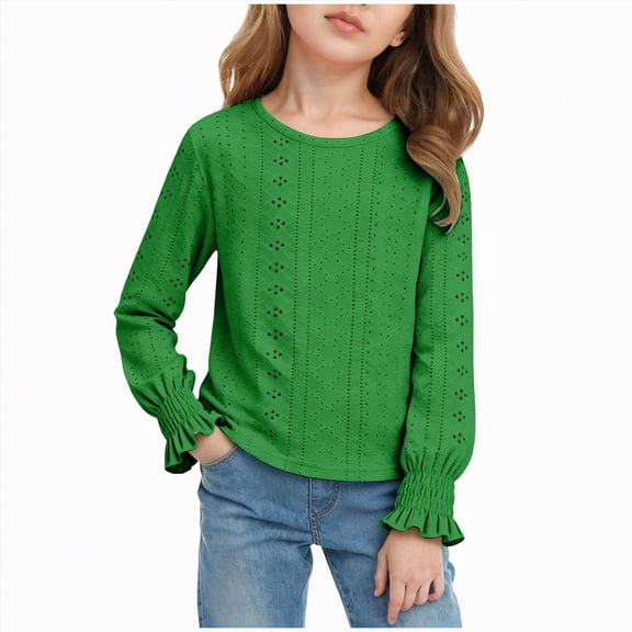 mgoYE Girl T-Shirts Size 7-8 Girls' Long Sleeve Shirts Lace Loose Fit Casual Crewneck Blouses Tops(Green,14-16 Years)