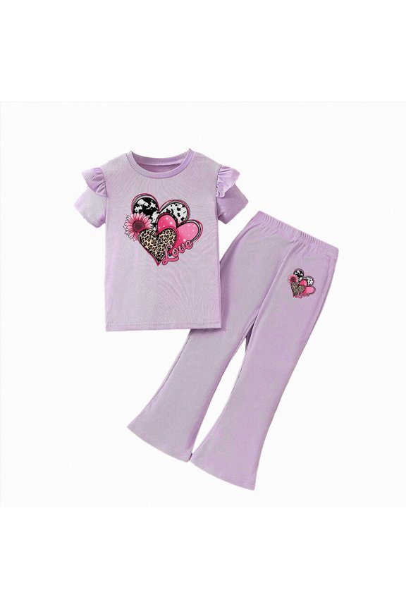 Girl's 2 Piece Outfits Heart Graphic Short Sleeve T Shirt and Bell Bottom Flare Pants Set(Purple,3-4 Years)