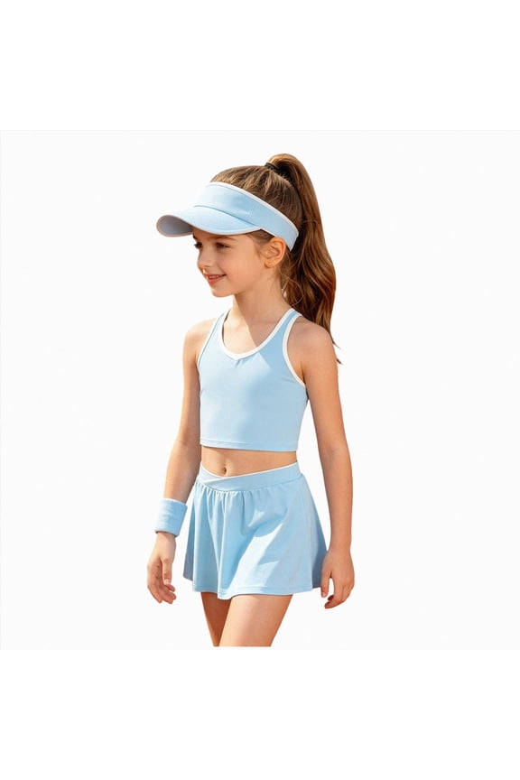 Girl's Active Set Tank Top with Short Set Tennis Clothes(Blue,6-7 Years)