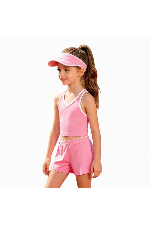 Girl's Active Set Tank Top with Short Set Tennis Clothes(Pink,3-4 Years)