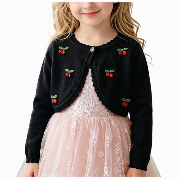 mgoYE Girl's Cardigans Sweater Cherry Open Front Long Sleeve Cute Casual Loose Sweaters(Black,5-6 Years)