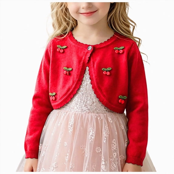 mgoYE Girl's Cardigans Sweater Cherry Open Front Long Sleeve Cute Casual Loose Sweaters(Red,9-10 Years)