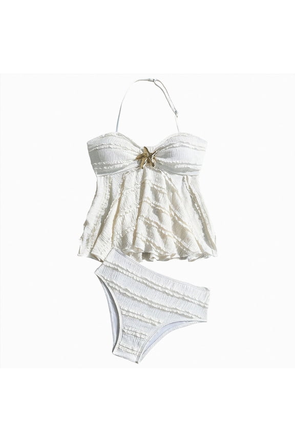 Girl's Cute Two Piece Bikini Sets Ruffle Peplum Shell High Waisted Ribbed Swimsuit Textured Kids Tankini(White,11-12 Years)
