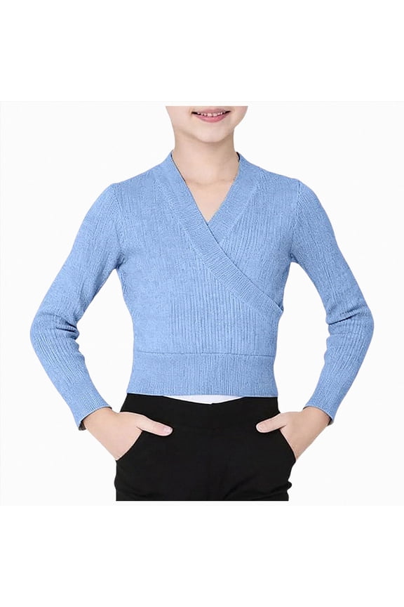 Girl's Dance Wrap Sweater Ballet Top Warm up for Leotards, Dress(Blue,140)