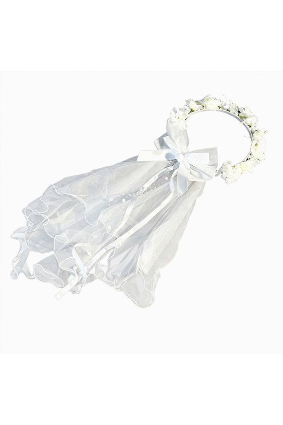Girl's Flower Crown Veils Veil with Bow Cross White Floral Wreath Floral Headband Headwear Gifts for Girls Wedding Prom Party White 1-13 Years