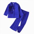 thumbnail image 1 of mgoYE Girl's Formal Wear 2 Piece Outfits Button Ruffle Hem Puff Sleeve Blazer and Flare Pants Suit Set(Blue,3-4 Years), 1 of 9