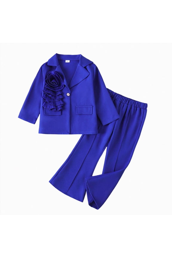 Girl's Formal Wear 2 Piece Outfits Button Ruffle Hem Puff Sleeve Blazer and Flare Pants Suit Set(Blue,4-5 Years)
