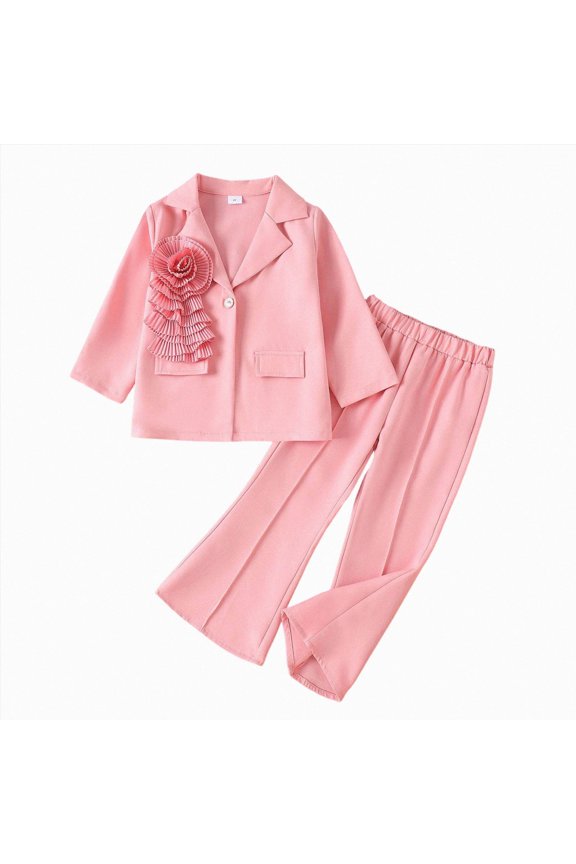 Girl's Formal Wear 2 Piece Outfits Button Ruffle Hem Puff Sleeve Blazer and Flare Pants Suit Set(Pink,3-4 Years)