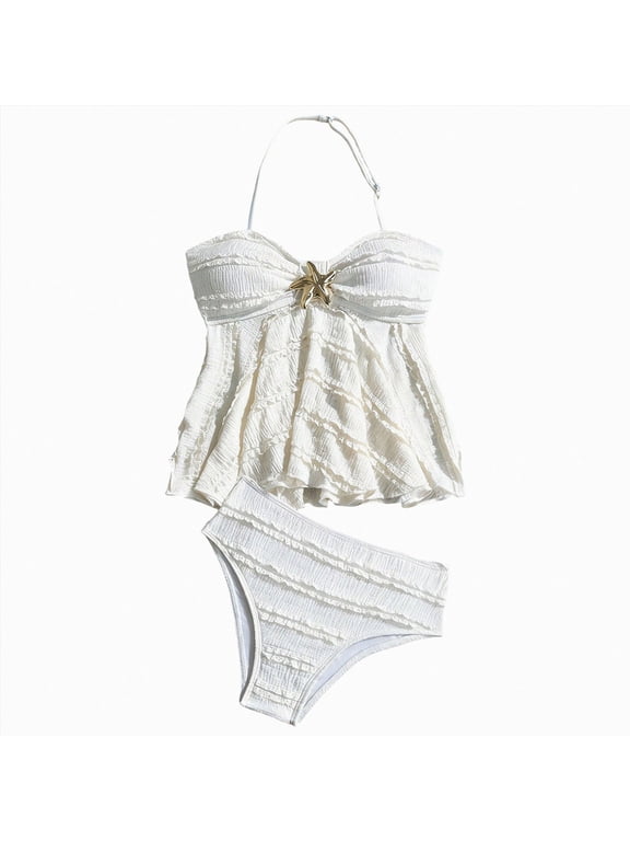 Girl's Tankini Swimsuits Halter Flower Metal Textured Bathing Suits 2 Piece Swimwear(White,13-14 Years)