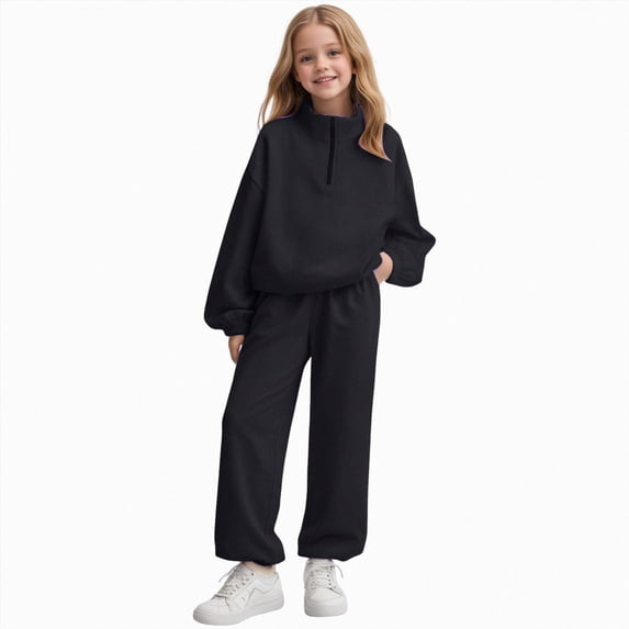 mgoYE Girls 2 Piece Outfits 8T 9T 10T 11-13T Sweatsuit Half Zip Sweatshirt and Sweatpants Drop Shoulder Long Sleeve Jogger Set Tracksuits with Pockets(Black,11-12 Years)
