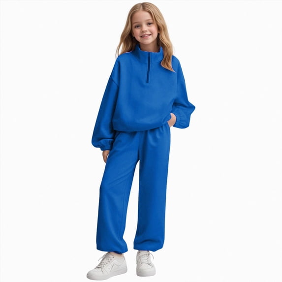 mgoYE Girls 2 Piece Outfits 8T 9T 10T 11-13T Sweatsuit Half Zip Sweatshirt and Sweatpants Drop Shoulder Long Sleeve Jogger Set Tracksuits with Pockets(Blue,9-10 Years)