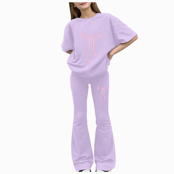 mgoYE Girls 2 Piece Outfits Bow Graphic Tops Sweatsuits Sets Short Sleeve Sweatshirt with Bell Bottom Sweatpants Set 7-12 Years Size 9-10 Years