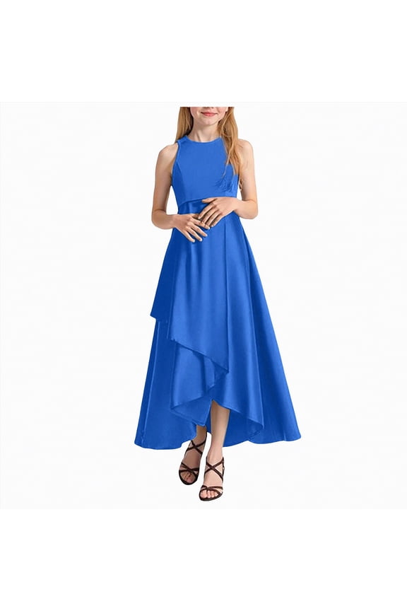Girls A-Line Halter Dress Junior Bridesmaid Flower Girl High Low Flowy Maxi Dresses Wedding Party Pageant Gown(Blue,12-14 Years)