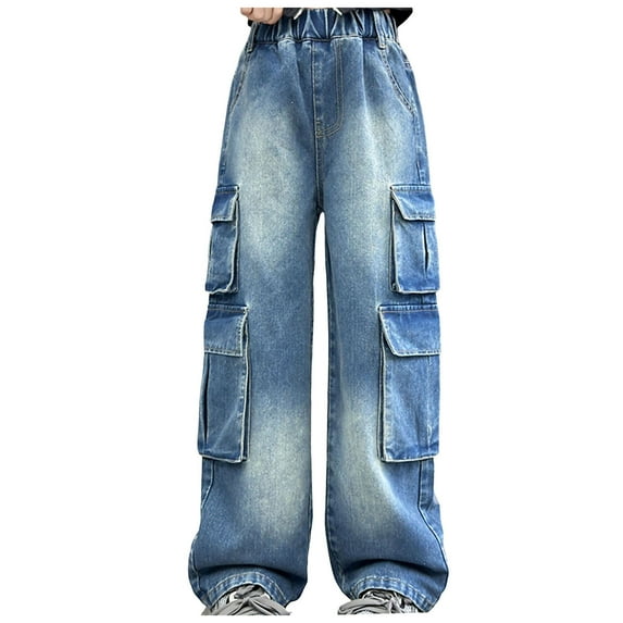 mgoYE Girls Baggy Jeans Size 10-12 Girls Cute Wide Leg Flared Jeans Kids Oversized Elastic Waist Paper Bag Pants with Pockets Ripped Jeans for Girls |Blue,10-12 Years