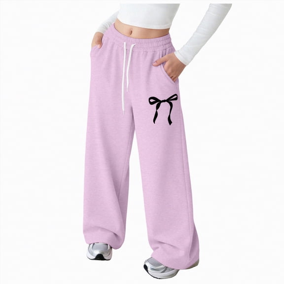 mgoYE Girls Baggy Sweatpants Bow Drawstring Wide Leg Y2k Sweat Pants Casual Loose Athletic Joggers Fall Clothes with Pockets(Purple,15-16 Years)