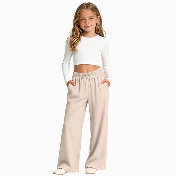 mgoYE Girls Baggy Sweatpants Wide Leg Straight Pants Drawstring Youth Joggers Casual Pants with Pockets Streetwear(Beige,15-16 Years)