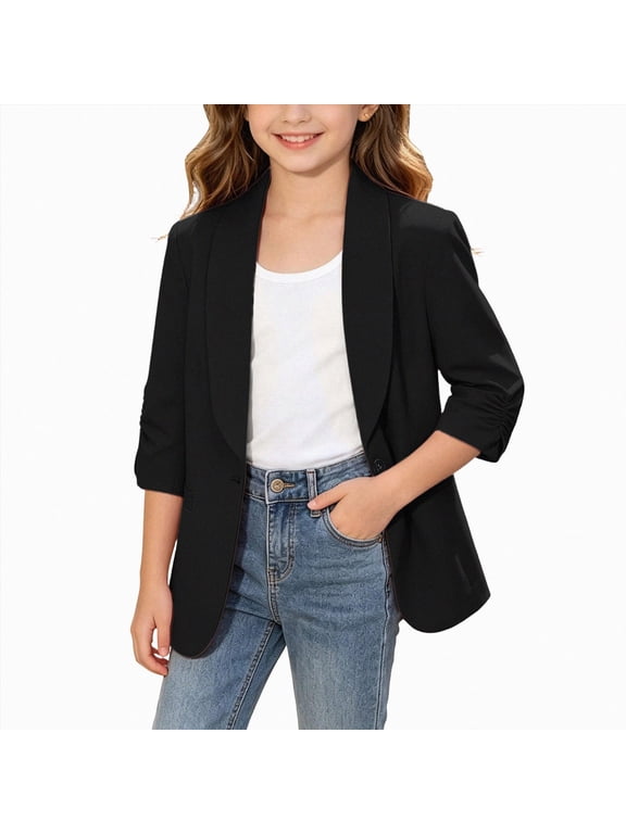 Girls Blazer Jacket Teen Open Front 3/4 Sleeve Blazers Kids Graduation Formal Suit Jackets with Pockets One Button(Black,12-13 Years)