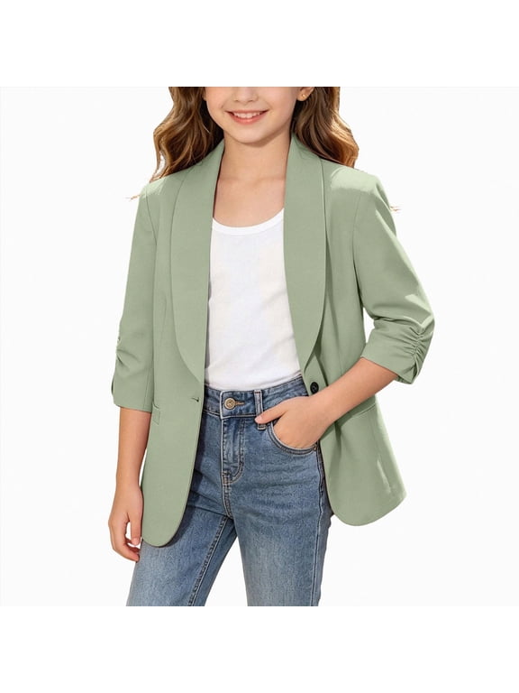 Girls Blazer Jacket Teen Open Front 3/4 Sleeve Blazers Kids Graduation Formal Suit Jackets with Pockets One Button(Green,10-11 Years)